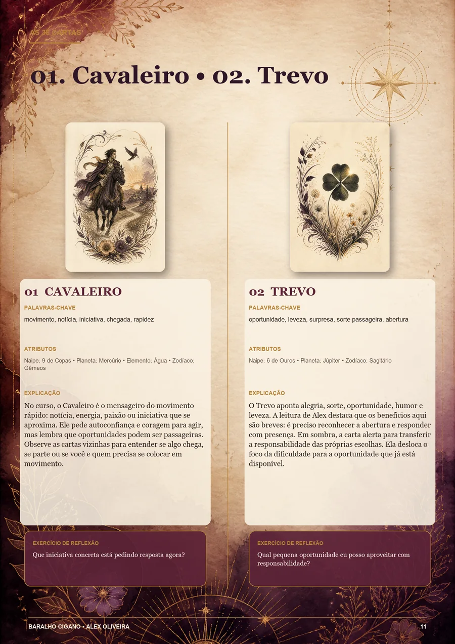 Página interna ilustrada com as cartas Cavaleiro e Trevo