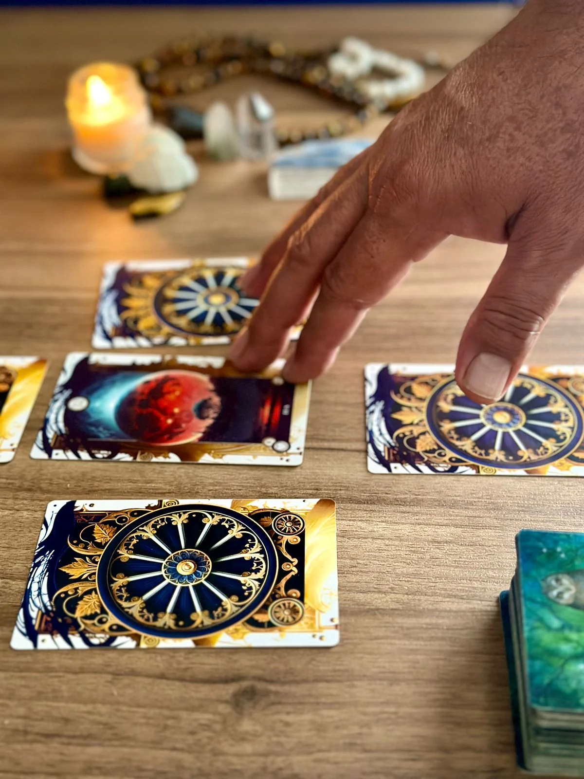 Mesa preparada com cartas do Baralho Cigano
